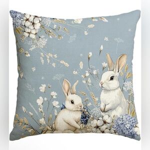 Blue Floral Bunny Decorative Throw Pillow Cover 18”x 18”